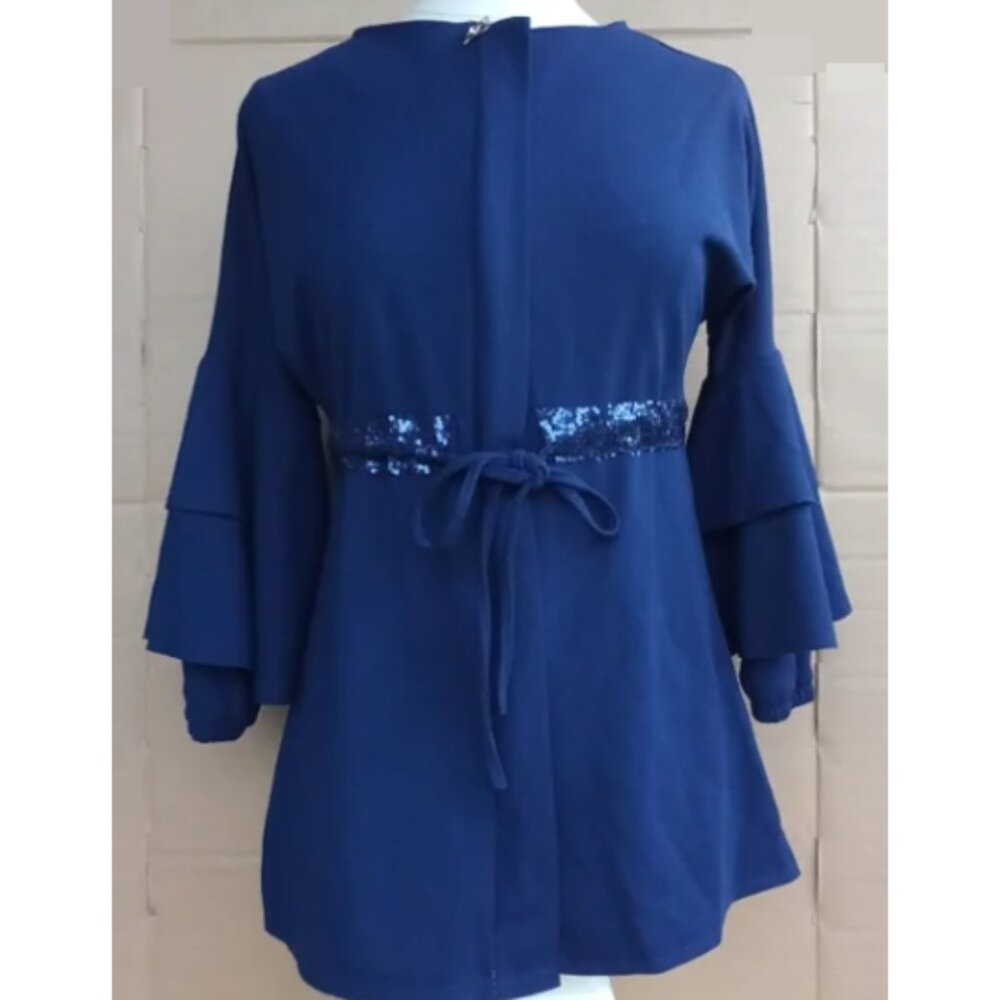 Navy Blue Stretchy Sequined Dressy Traditional Tunic Top with Tiered Bell Sleeve